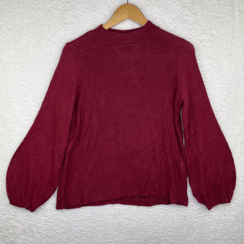 Burgundy Ribbed Mock Neck Balloon Sleeve Knit Top Wine Red Womens Medium